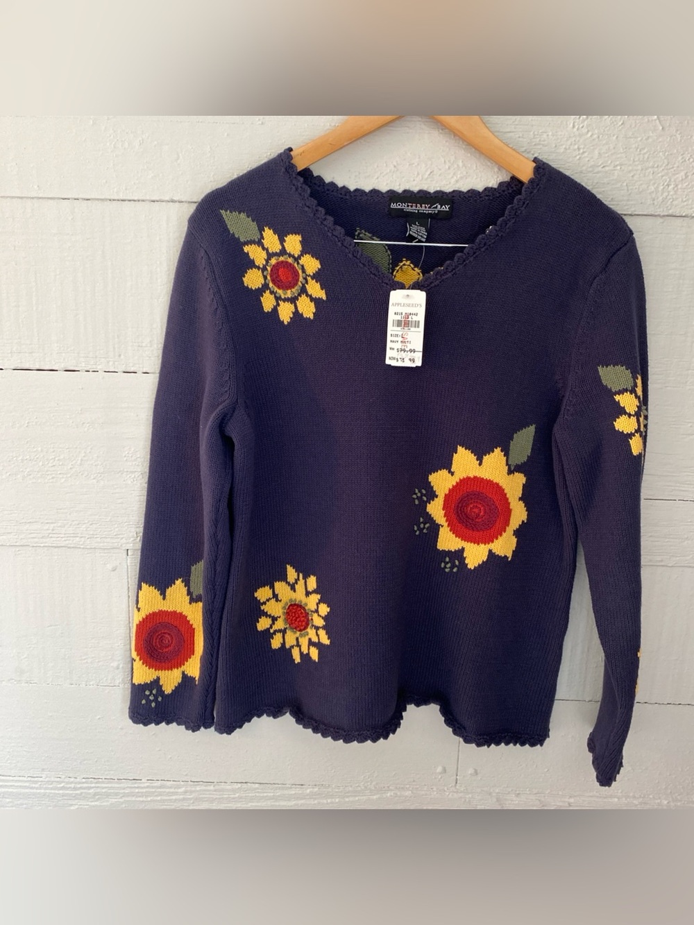VTG Y2K Monterey Bay Embroidered Sweater Women Sunflower Boho Cottagecore Knit L